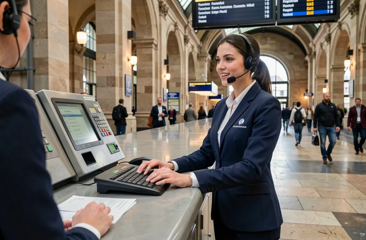 Agent au guichet d'échange de billets dans une grande gare ferroviaire
