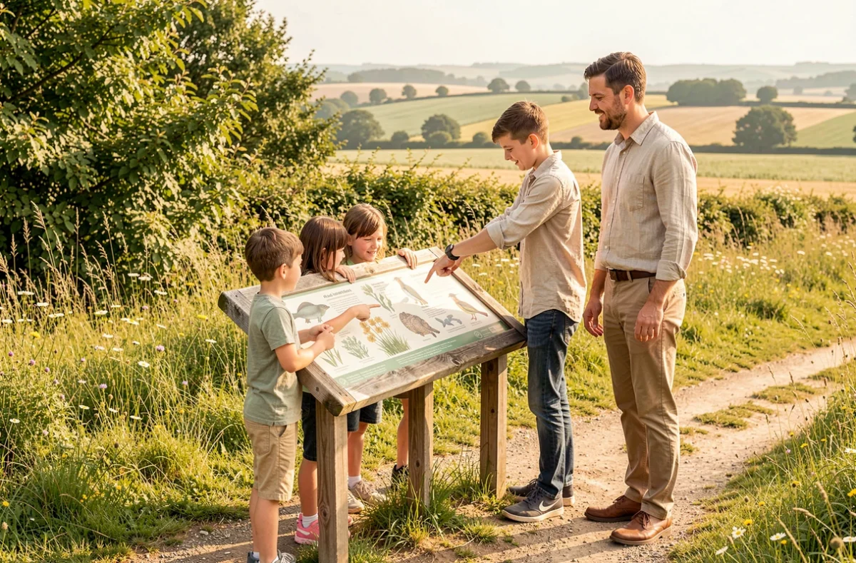 Enfants et éducateur devant un panneau pédagogique dans un parc naturel régional en milieu bocager