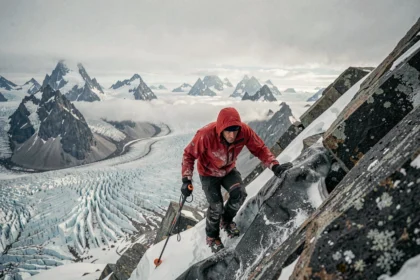 Alpiniste seul sur une arête de glace à haute altitude entouré de glaciers et de sommets escarpés dans un paysage extrême et isolé