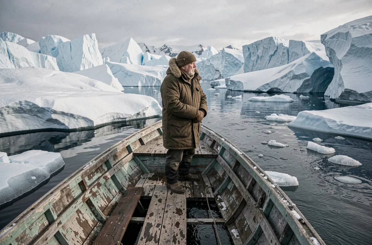Petit bateau explorant un détroit polaire parsemé de glaces flottantes avec un explorateur scrutant l'horizon dans une région arctique isolée