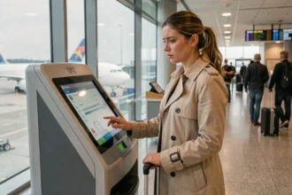 Femme effectuant son enregistrement en ligne à une borne d'aéroport avant un vol