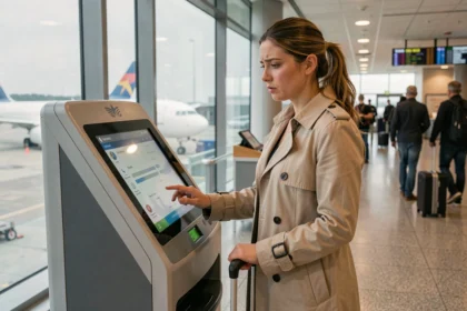 Femme effectuant son enregistrement en ligne à une borne d'aéroport avant un vol