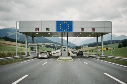 Poste frontière symbolisant l'entrée dans l'espace Schengen avec le panneau bleu étoilé européen sur une route internationale