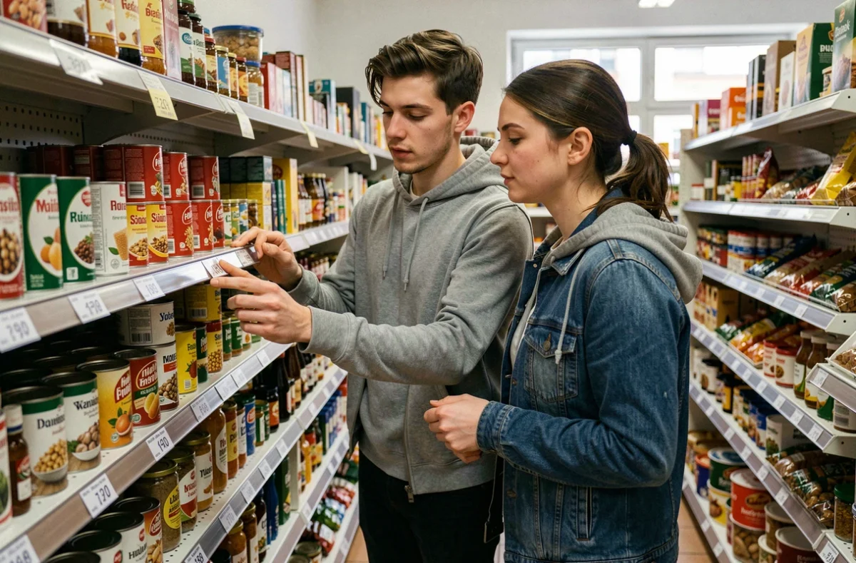 Couple comparant les prix dans une épicerie d'Europe centrale, représentant le faible coût de la vie dans les pays européens les moins chers