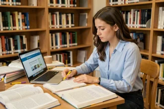 Jeune femme étudiant une langue étrangère dans une bibliothèque universitaire entourée de manuels et de notes