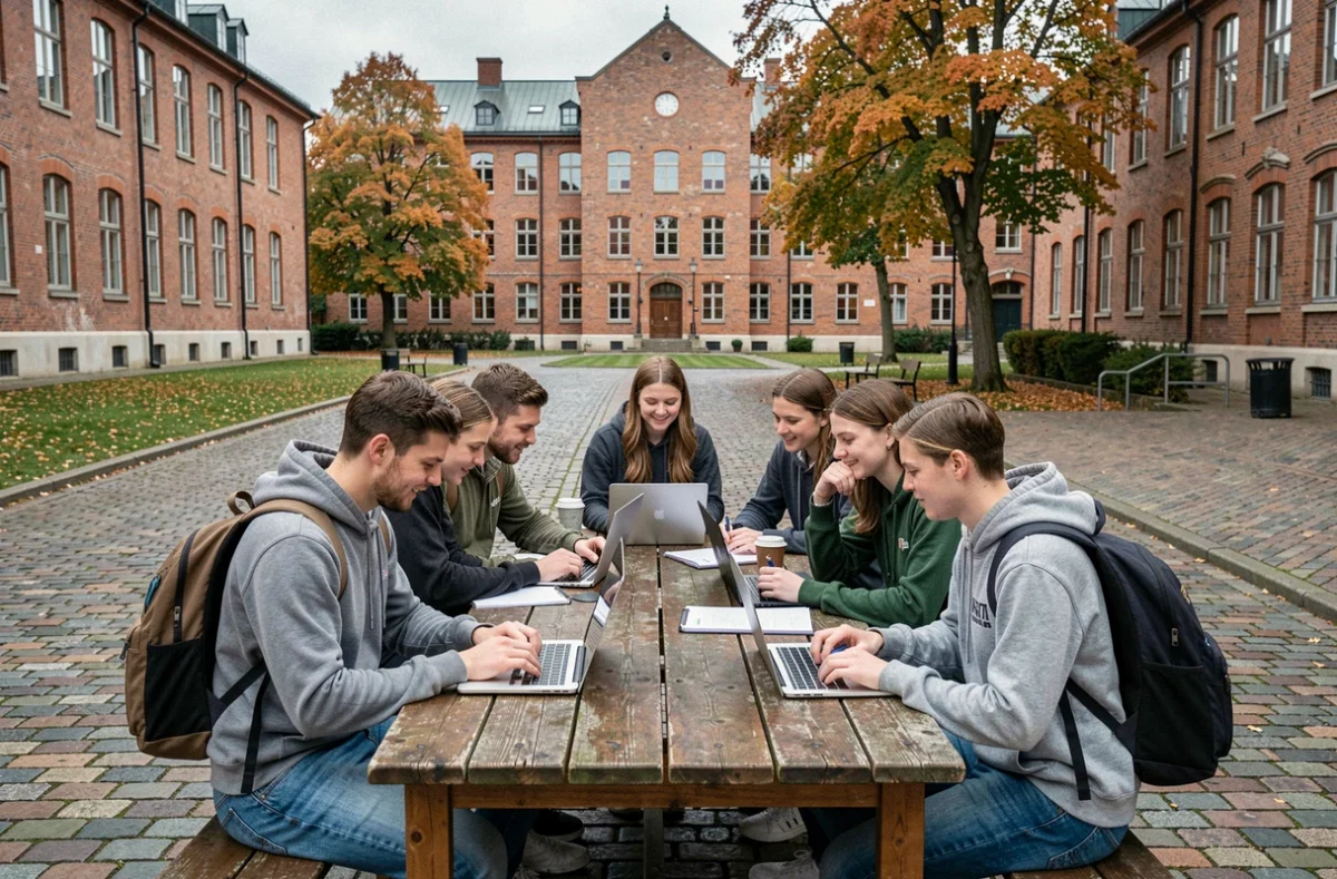 Étudiants scandinaves conversant en anglais sur un campus universitaire à Stockholm, symbole du multilinguisme en Europe du Nord