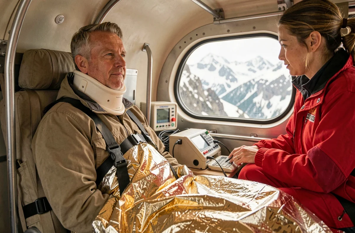 Blessé évacué en hélicoptère de secours en montagne, entouré d'un sauveteur en uniforme rouge dans la cabine médicalisée