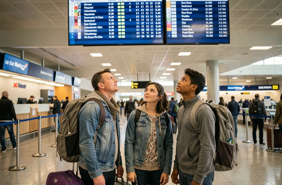 Famille regardant le tableau des départs dans le hall d'enregistrement d'un grand aéroport international