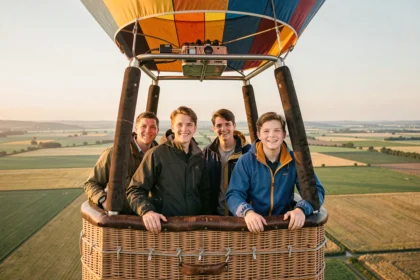 Famille avec adolescents à bord d'une montgolfière survolant des champs, illustrant l'âge minimum pour un vol en montgolfière