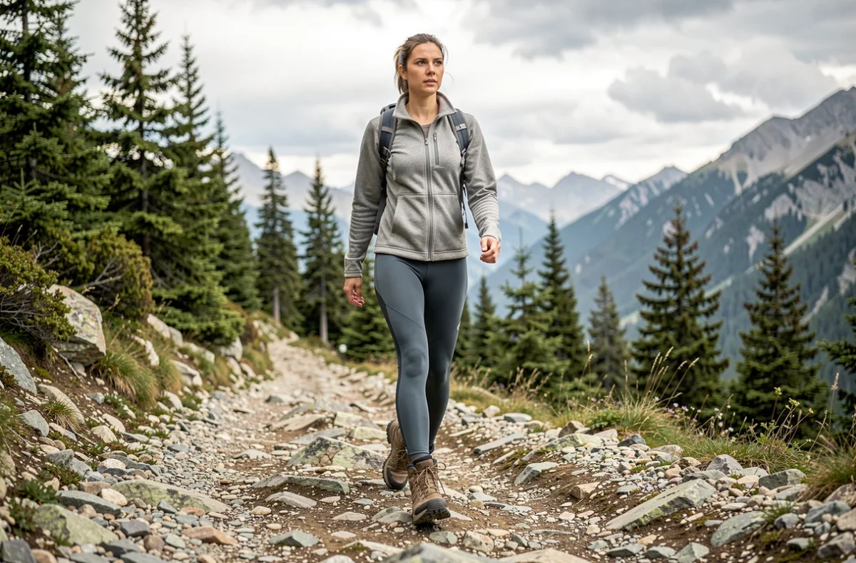 Femme portant des chaussures de randonnée montantes sur un sentier rocheux de montagne avec sac à dos