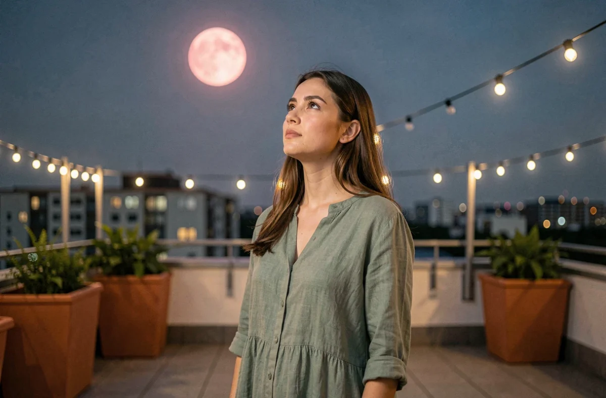 Femme contemplant la lune rose depuis un toit terrasse urbain en robe de lin avec vue sur la ville