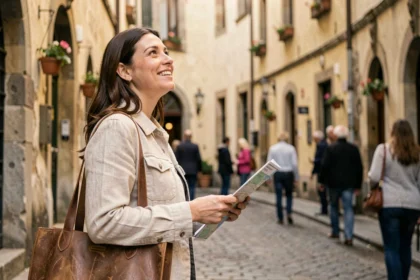 Femme explorant une vieille ville européenne avec une carte et un sac en cuir, découverte touristique authentique