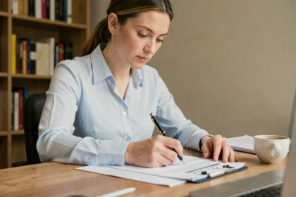 Femme remplissant un formulaire de demande de visa à son bureau à domicile