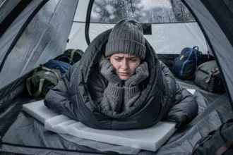 Femme frissonnant dans un sac de couchage à l'intérieur d'une tente en camping, expression d'inconfort face au froid nocturne