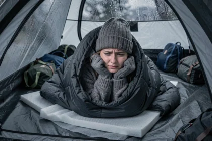 Femme frissonnant dans un sac de couchage à l'intérieur d'une tente en camping, expression d'inconfort face au froid nocturne