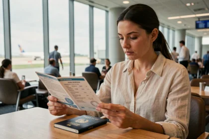 Femme consultant un permis de conduire international et un passeport dans un aéroport avant un voyage à l'étranger