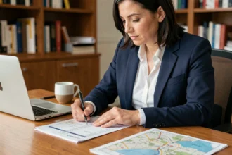 Femme professionnelle remplissant une fiche de route manuscrite à son bureau avec des cartes et un ordinateur portable