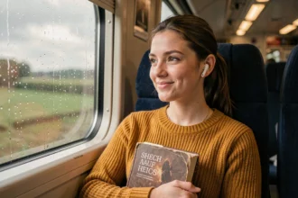 Jeune femme écoutant de la musique et lisant un livre lors d'un long trajet en train