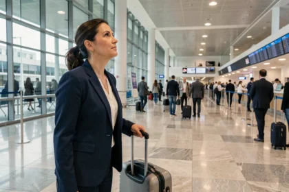 Femme avec valise dans un hall d'aéroport regardant le tableau des départs, arrivée anticipée avant le vol