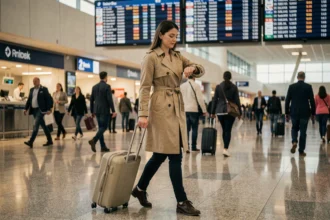 Femme pressée tirant une valise et regardant sa montre dans un aéroport international avant un vol