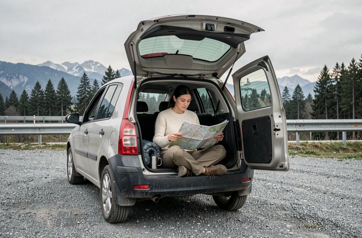 Femme consultant une carte routière assise dans le coffre d'un SUV garé dans une aire de repos italienne