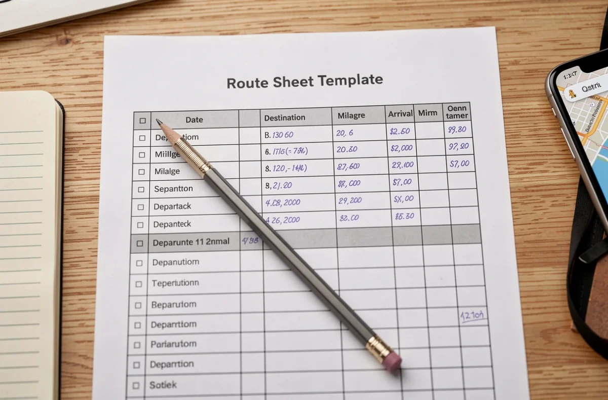Vue aérienne d'une fiche de route vierge et structurée sur un bureau en bois avec un crayon et un smartphone affichant une carte