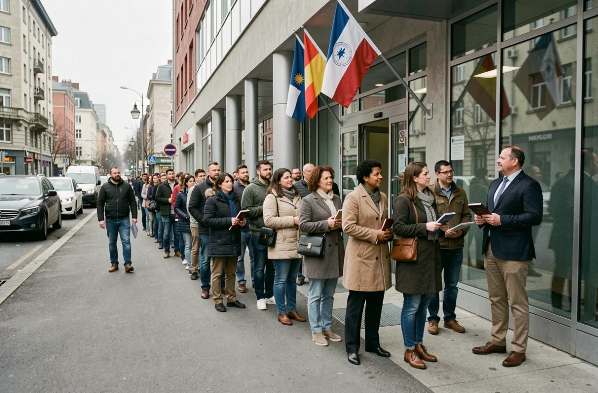 File d'attente de personnes devant un consulat avec drapeaux nationaux pour obtenir des services consulaires