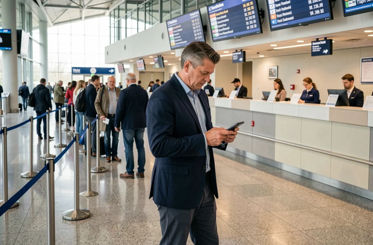 Voyageur masculin faisant la queue au comptoir d'enregistrement dans un terminal d'aéroport