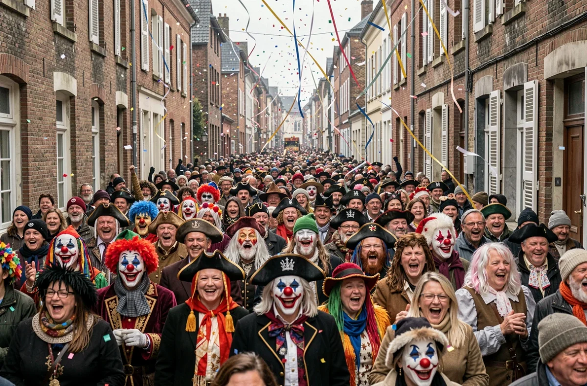 Foule en costumes colorés lors du Carnaval de Dunkerque dans une rue animée sous les confettis