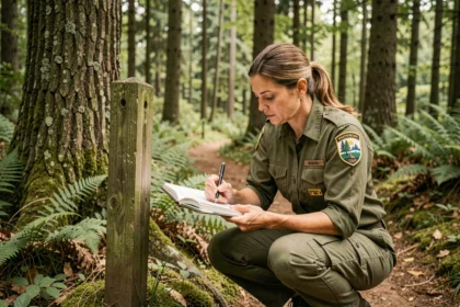 Garde de parc naturel régional notant des observations sur le terrain dans une forêt de chênes et de hêtres