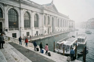 Façade de la gare de Venise Santa Lucia vue depuis les marches donnant sur le Grand Canal avec des voyageurs et des vaporettos