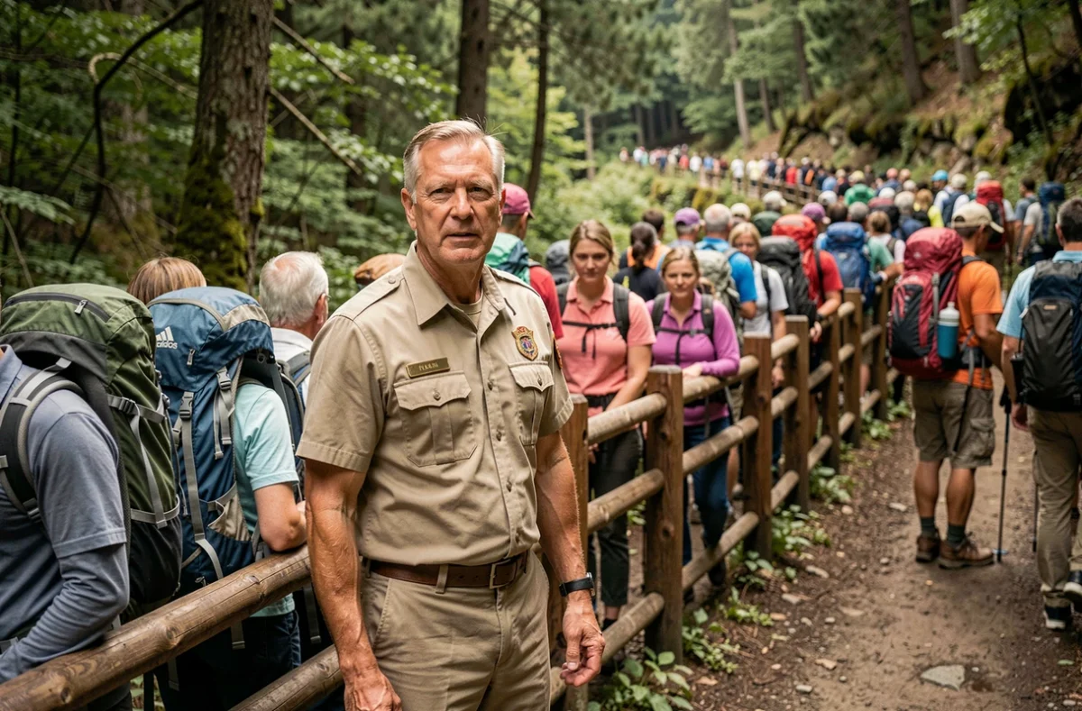 Garde forestier gérant l'affluence touristique à l'entrée d'un site naturel protégé en montagne