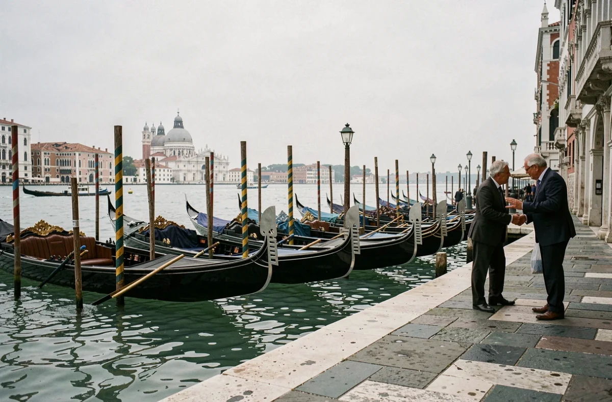 Rangée de gondoles noires amarrées sur le quai de Venise près de la place Saint-Marc avec des gondoliers discutant du prix des balades