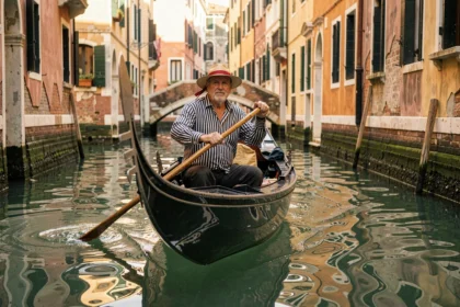 Gondolier en tenue traditionnelle pilotant une gondole dans un canal étroit de Venise avec des façades de palais colorées en arrière-plan