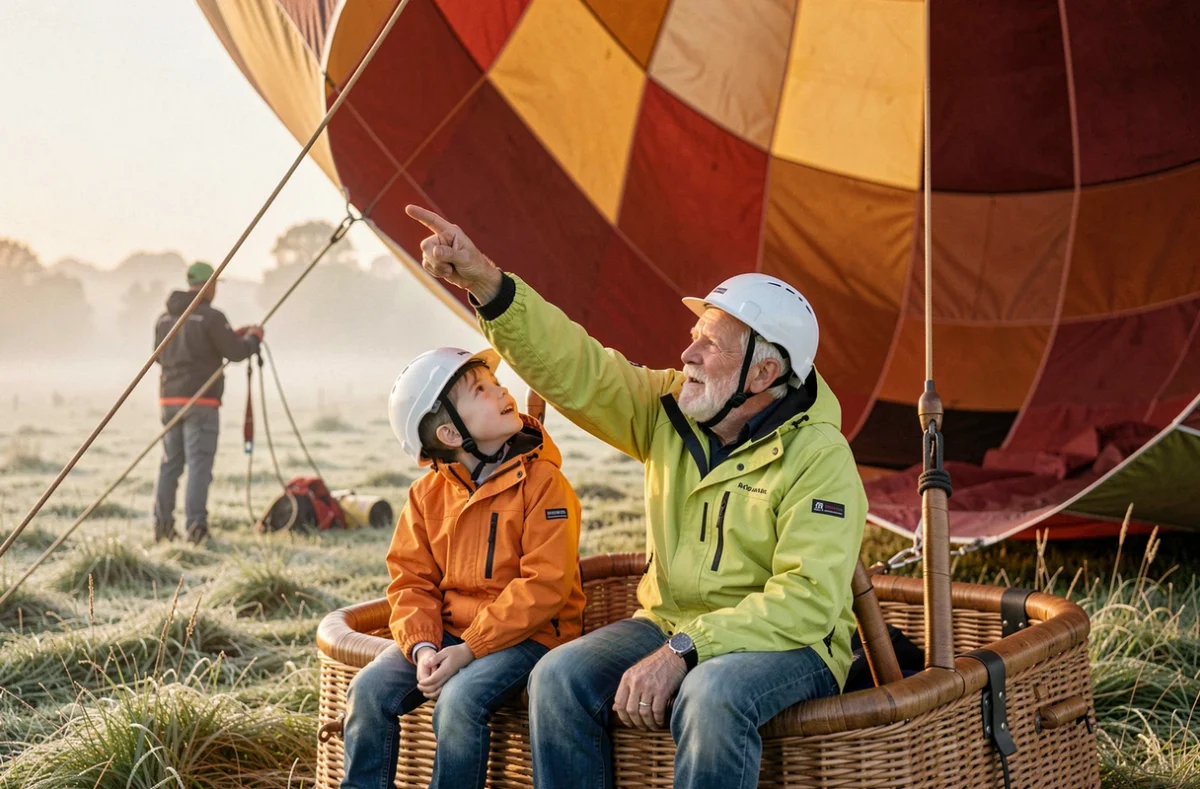 Grand-père et petit-enfant avant un vol en montgolfière, casques de sécurité portés, illustrant les règles d'âge pour les enfants