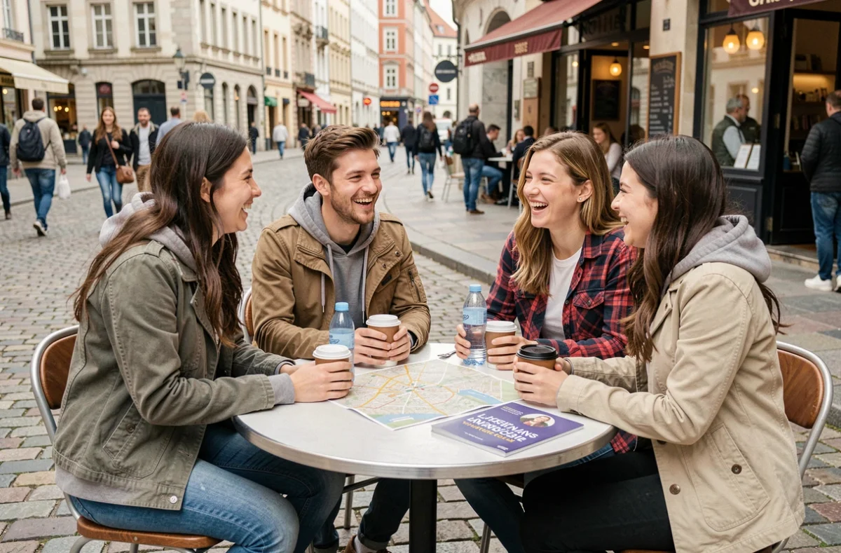 Groupe d'étudiants internationaux discutant autour d'une table de café en ville lors d'un séjour linguistique