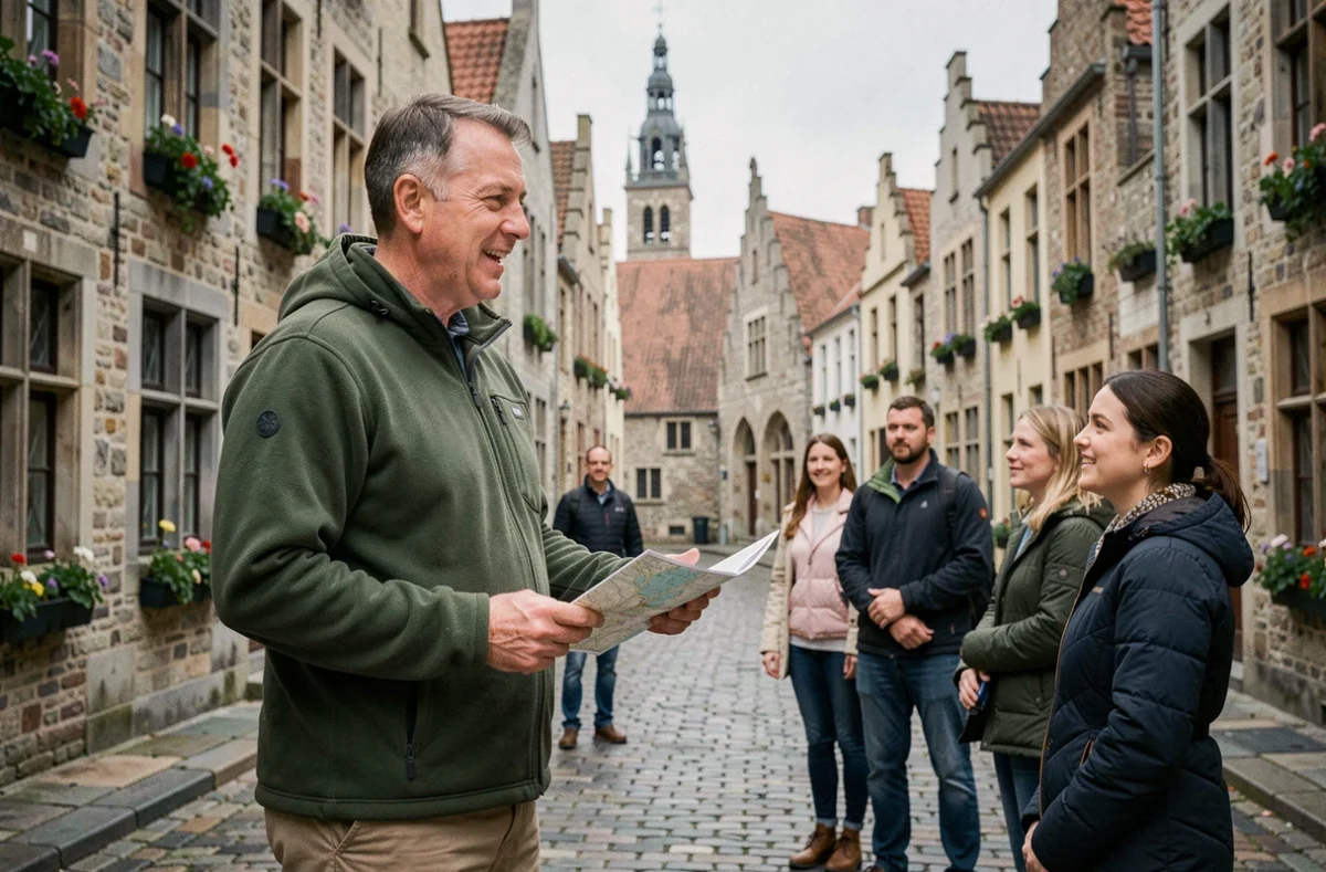 Guide touristique expliquant l'histoire de Bruges en anglais à des touristes internationaux, illustrant le niveau d'anglais en Belgique