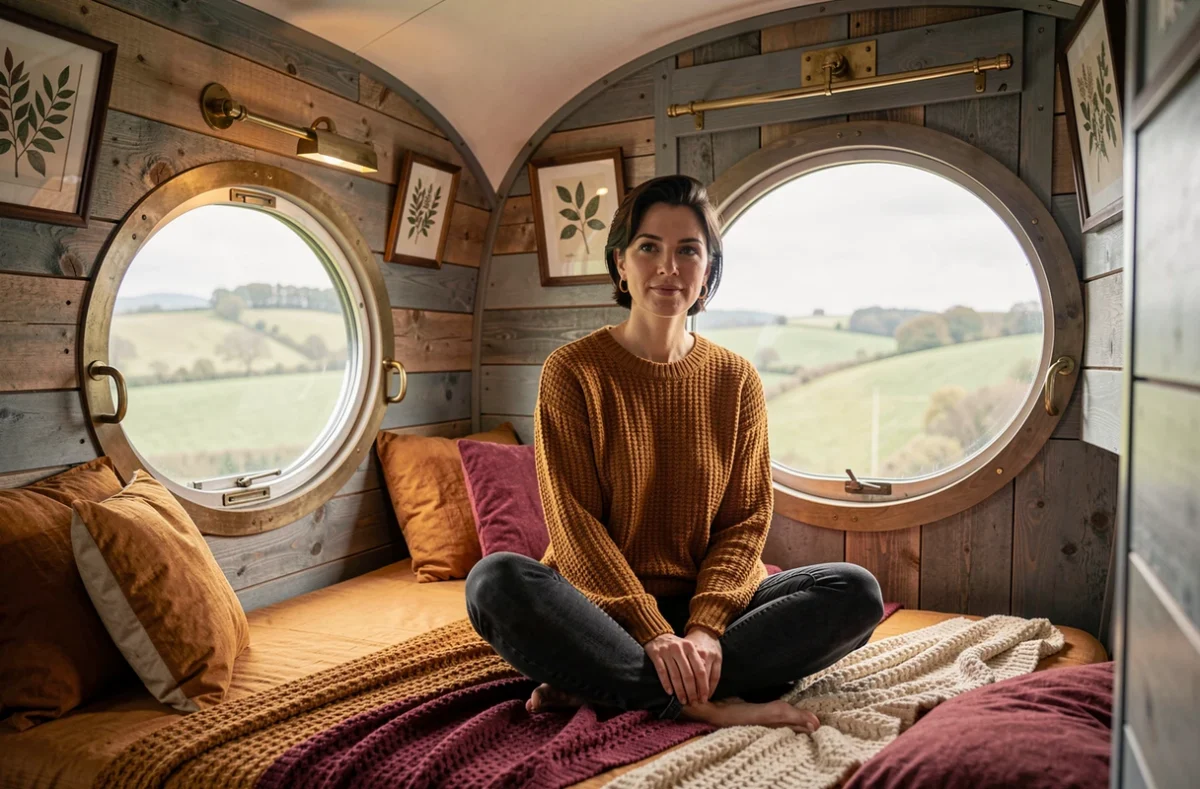 Femme se relaxant à l'intérieur d'un wagon de train converti en hébergement insolite original