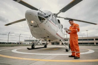 Hélicoptère de secours médical sur un héliport d'hôpital avec un paramédic en combinaison orange tenant des documents administratifs