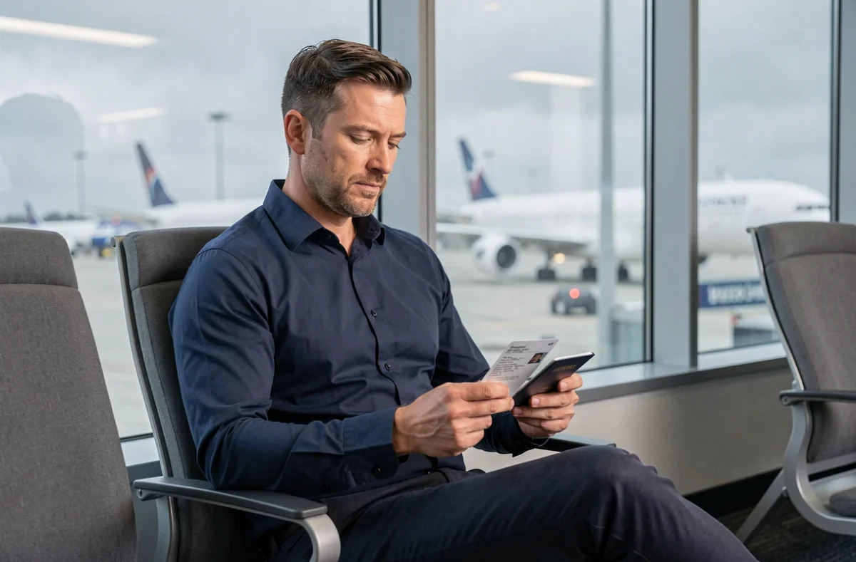 Homme consultant sa carte d'embarquement et son passeport dans un salon de départ d'aéroport international