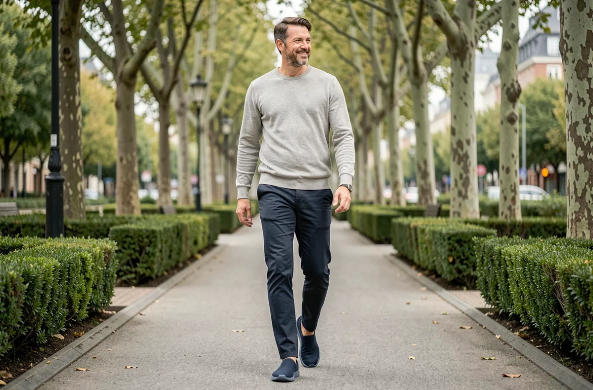 Homme en chaussures de marche légères se promenant sur une allée pavée dans un parc urbain verdoyant