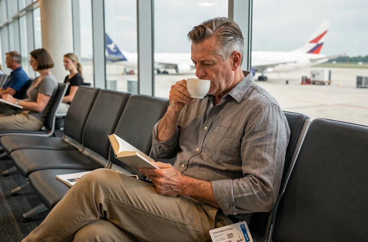 Homme détendu dans la salle d'embarquement de l'aéroport avec café et livre, bénéfice d'arriver deux heures avant le vol