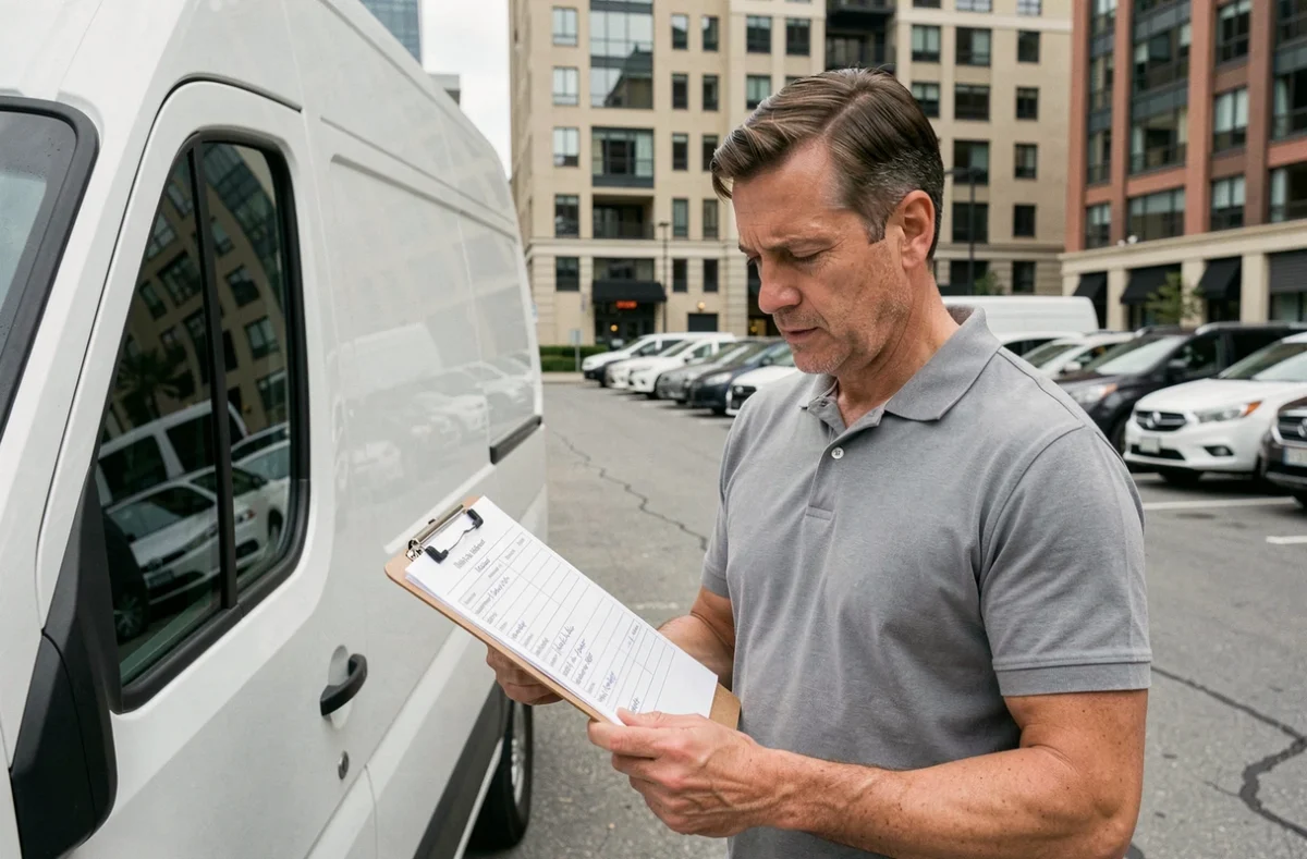 Homme logisticien consultant une fiche de route sur presse-papiers devant un véhicule utilitaire en milieu urbain