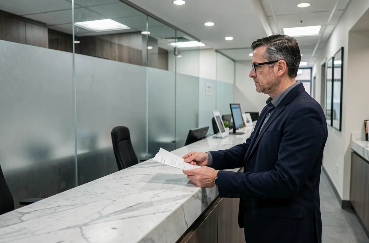 Homme payant des frais administratifs de visa au guichet d'une banque