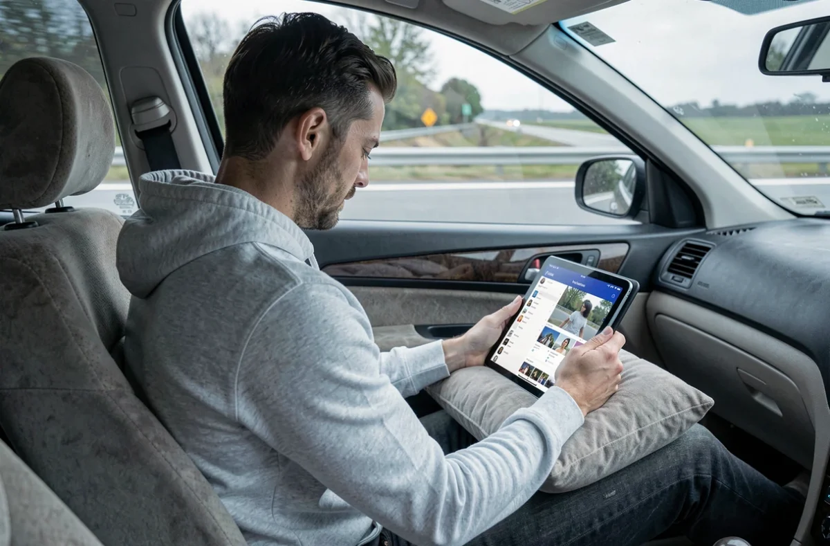 Homme utilisant une tablette pour écouter un podcast en voiture pendant un long trajet