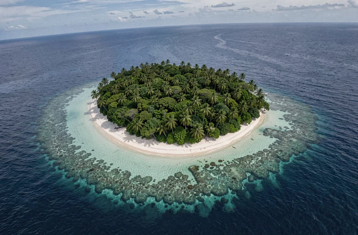 Vue aérienne d'une île tropicale isolée et vierge entourée d'un océan profond sans trace humaine