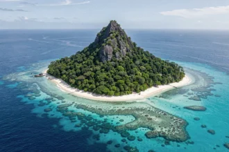 Vue aérienne d'une île tropicale volcanique entourée d'un récif corallien aux eaux turquoise
