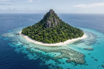 Vue aérienne d'une île tropicale volcanique entourée d'un récif corallien aux eaux turquoise