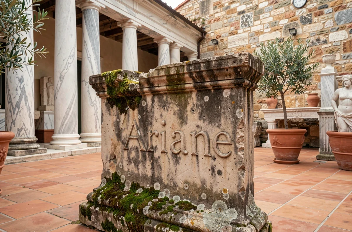 Inscription du nom Ariane gravée sur un fragment de pierre antique dans la cour d'un musée archéologique méditerranéen