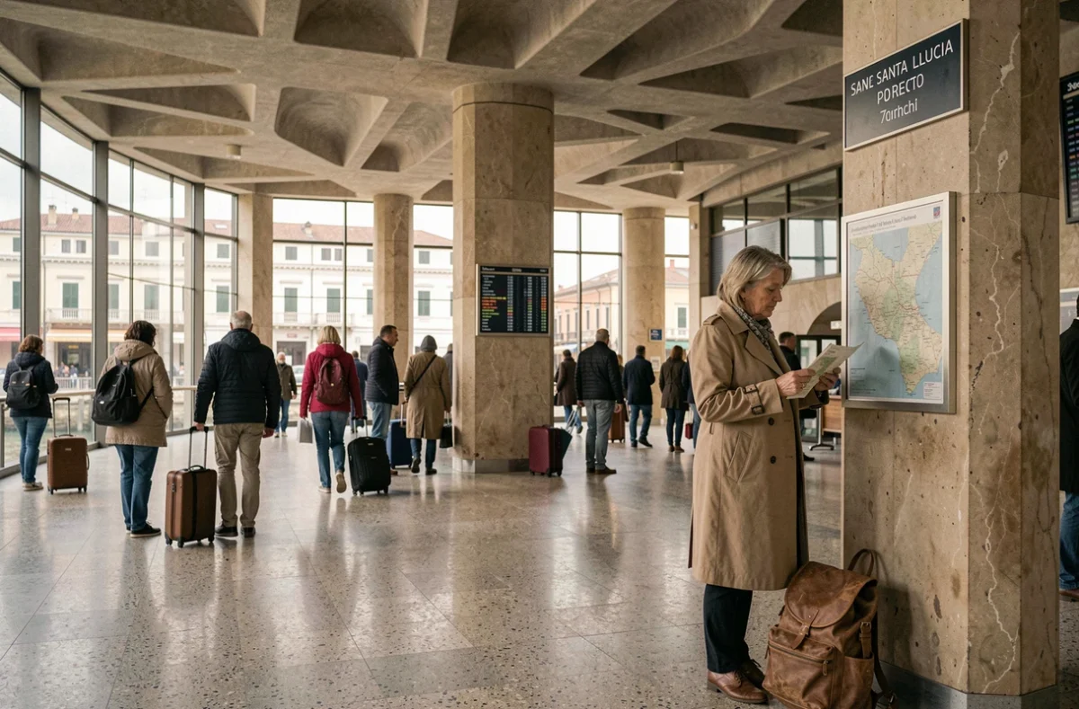 Intérieur de la gare Santa Lucia de Venise avec des voyageurs dans le hall principal et l'architecture moderniste des années 1950